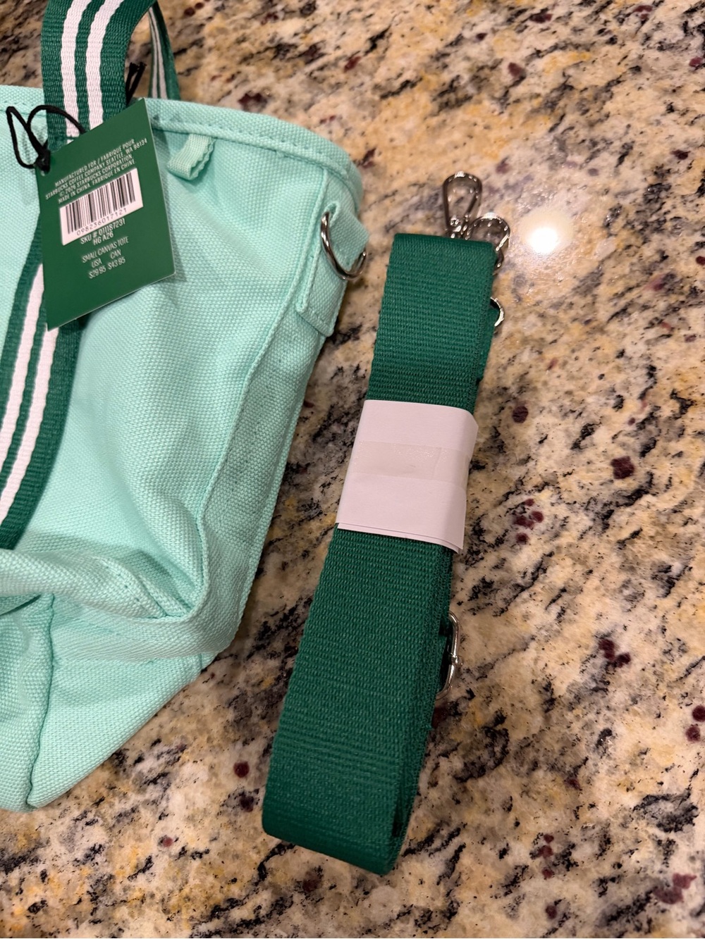 NWT Starbucks Mint Green Blue Canvas Tote Bag Dark Green Straps Zipper Road Trip - Picture 7 of 8